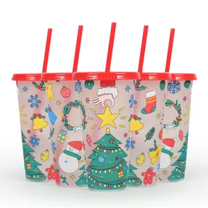 Christmas Tree Color Changing Plastic Straw Cup Large Capacity Single Layer PP Tumbler Festive Party Drinkware