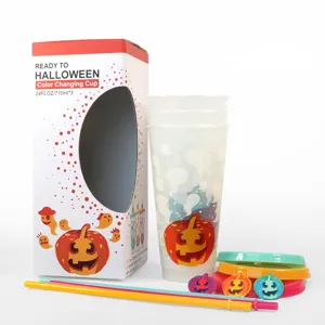 Halloween Color Changing Cup Set 710ml Plastic Water Tumbler with Straws and Lids