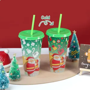 Christmas Santa color changing plastic cold cups set of two with green lids and straws for drinks