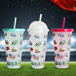Color changing plastic cold cup with straw, fun football themed design for cold drinks.