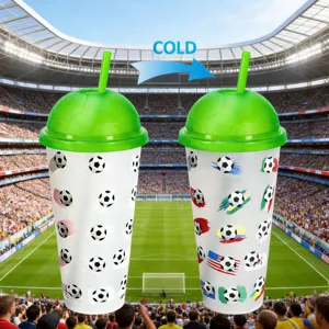 Color changing plastic cup with soccer lid straw cold drink temperature sensitive tumbler