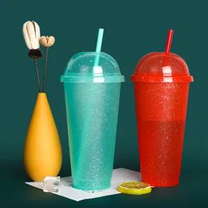PP plastic glitter cold cups with dome lids and straws, reusable color changing cups for drinks.