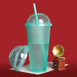 PP plastic glitter cold cup with dome lid and straw, mint green reusable beverage cup.