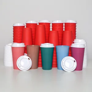 Detailed view of colorful plastic coffee travel cups with white lids, neatly stacked.