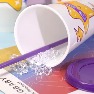 Plastic cold color changing cup set with cartoon star print, purple straw and lid, detail shot.