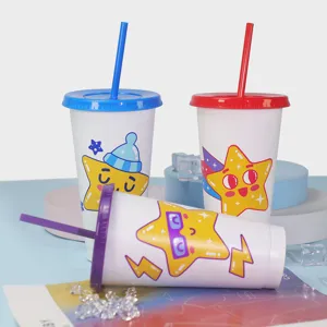 3-piece set cold color-changing plastic cup with cute star print and straw for drinks.