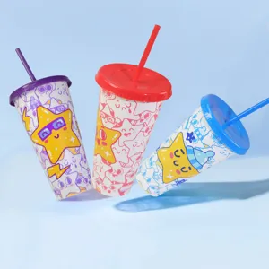 Detailed view of 3-piece cold color changing plastic cups set with straws and cute star patterns.