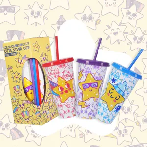 PP Plastic Cold Color Changing Tumbler With Straw Cute Cartoon Star Pattern Drinking Cup For Home Office Outdoor