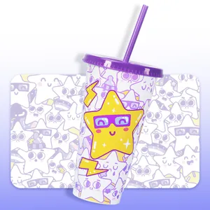 Creative plastic cold color-changing straw cup with cute cartoon star pattern, purple lid.