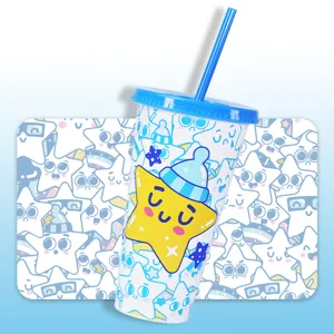 Creative PP color changing plastic tumbler with straw, cute star pattern cold cup detail view.
