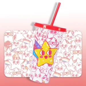 Plastic cold color changing cup with straw, cute cartoon star pattern, creative drinkware.