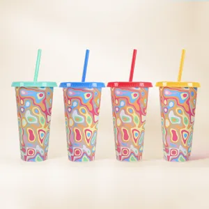 Reusable PP Plastic Color Changing Tumbler With Lid And Straw Psychedelic Magic Gradient Drinking Water Cup For Office And Outdoor