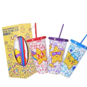 Color changing cup set 710ml plastic cold color change cups with straws and cute star box