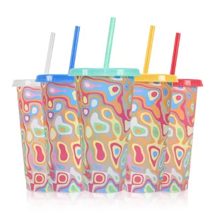 Reusable plastic cold cups with straws, colorful psychedelic abstract pattern set of 5
