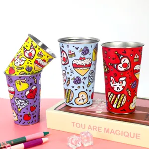 Stainless steel 304 camp cup with colorful cartoon print, durable rolled rim drinkware.
