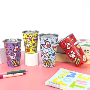 Colorful stainless steel drinking cups set with cute cartoon patterns for outdoor camping.