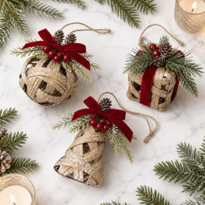 Christmas woven rattan hanging ornaments set with red velvet bows, pinecones and berries.