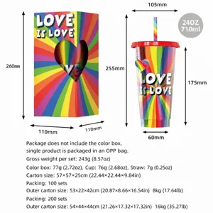 24oz Regenbogen Laser Plastik Becher Set mit Strohhalm und Herz Schlüsselanhänger Design.