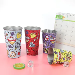 Stainless steel cups set with cute food patterns, thick rim cold drink beer cups for camping.