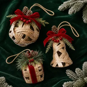 Christmas woven hanging ornaments set with red velvet bow pine cones for holiday indoor tree decor