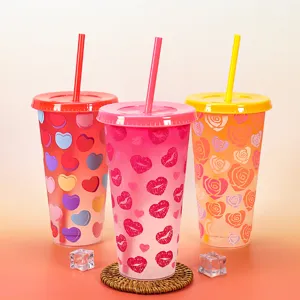 Gobelet à changement de couleur de Saint-Valentin 24oz en plastique avec paille et couvercle.