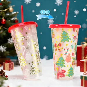 Christmas color changing straw cup large capacity cold sensitive plastic water tumbler details
