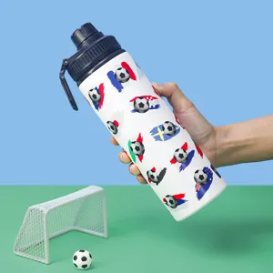 Stainless steel sports water bottle with soccer and flag prints, portable for outdoor fitness.