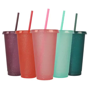 Reusable plastic cups with straws, colorful glitter design, single wall PP drinking cups detail.