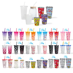 Cold color changing plastic cups 24oz straw cups valentine day style milk tea cold drink cups