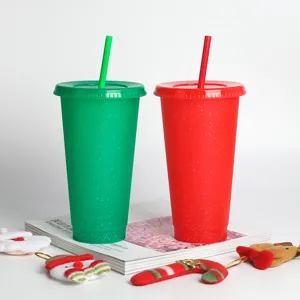 Reusable plastic glitter water cup with straw, colorful single-layer tumbler for daily drinks.