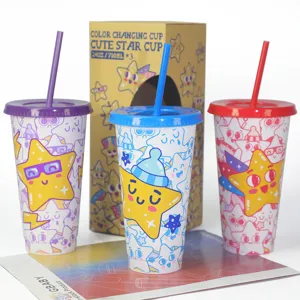 Farbwechselnde Plastikbecher 3er Set 710ml mit Strohhalm und süßem Stern Design neu