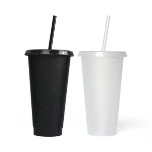 Reusable glitter plastic cup with straw, single layer PP water cup for daily drinking.
