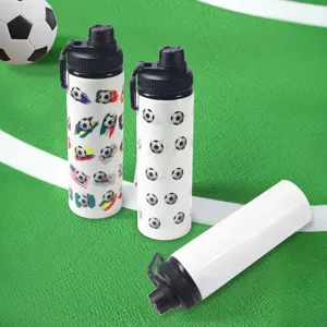 Stainless steel outdoor sports water bottle with soccer design and portable leakproof lid.