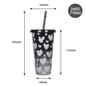 24oz Large Capacity Plastic Straw Cup Cold Color Changing Tumbler with Heart Leopard Print