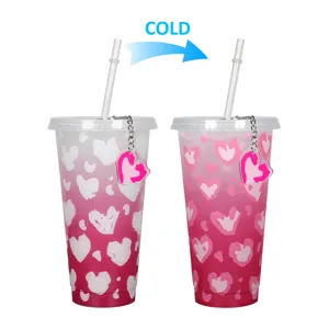 24oz Color Changing Plastic Tumbler Straw Cup Valentine Day Cold Activated Cup Drinkware