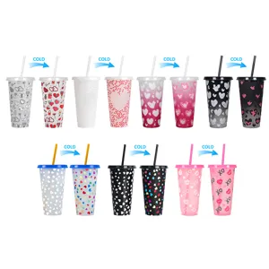 24oz Valentine color changing plastic cold cup with straw, reusable cup, party drinkware.