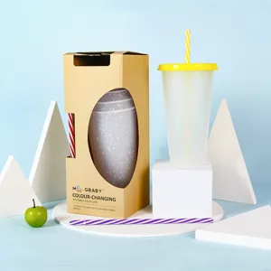 Reusable color changing plastic cold cup with lid and straw, 24oz frosted confetti tumbler.