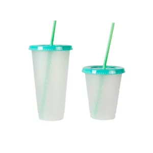 Plastic confetti straw tumbler set, frosted cold color changing cups with lids and straws for drinks.