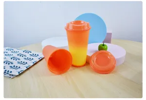 Details of 16oz color changing plastic cup, heat sensitive gradient coffee cup with lid.