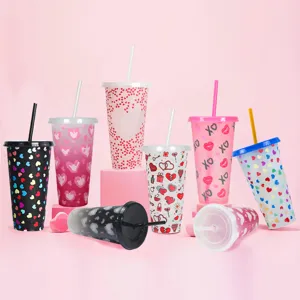24oz Valentine's Day color changing plastic cup with straw and lid, detail view.