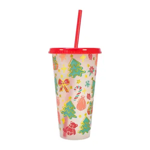 Christmas color-changing straw cup, large capacity plastic cold drink cup with lid and straw.
