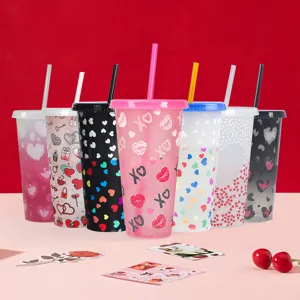 24oz color changing plastic cold cups with straws, cute valentine heart cups set for drinks.