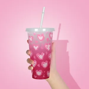 Color Changing Plastic Tumbler With Lid And Straw Leopard Heart Pattern Cold Sensitive Drinking Cup