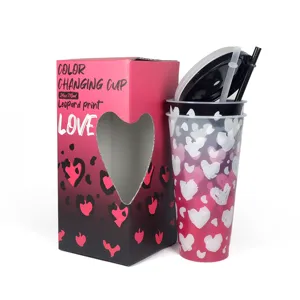 24oz color changing cup with leopard heart print, plastic cold tumbler with lid and straw.