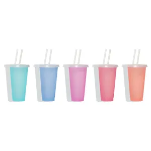 710ml kunststoff farbwechsel becher mit deckel und strohhalm, mehrwegbecher 5er set.