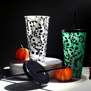 Bicchiere in plastica con teschio di Halloween e cannuccia tazza luminosa pratica