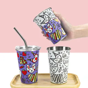 Stainless Steel Cold Color Changing Tumbler Outdoor Camping Water Cup Cute Cartoon Doodle Portable Drinkware
