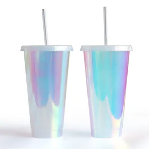 Holographic plastic tumbler with straw and lid 24oz reusable cup for iced coffee drinks
