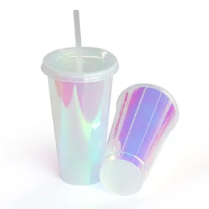 Detail view of 24OZ iridescent holographic PP plastic cup with lid and straw for drinks.