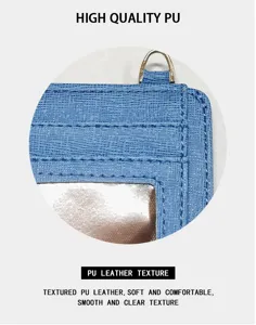 Nahaufnahme der blauen PU Leder Kartenhalter Textur, mit klarem Sichtfenster und Metallring.